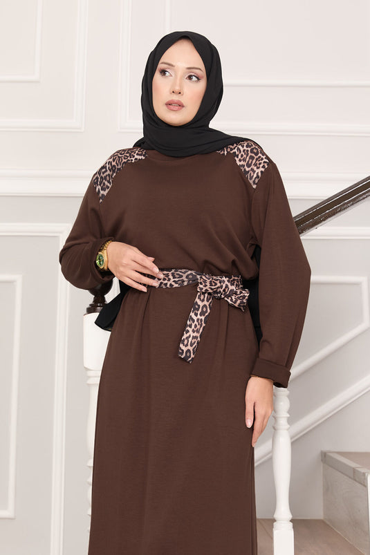 Robe Oysho à ceinture avec garniture léopard Omuz Marron