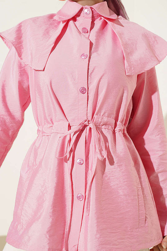 Camicia con spalle a pezzi e coulisse in vita rosa