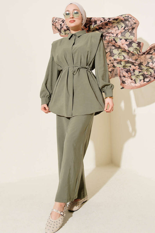 Shoulder-Paneled String Belted Tencel Two-Piece Set in Khaki