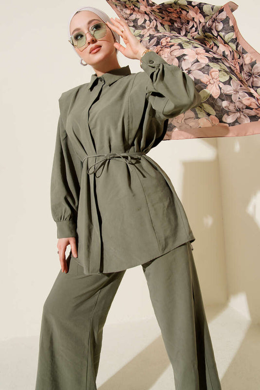 Shoulder-Paneled String Belted Tencel Two-Piece Set in Khaki