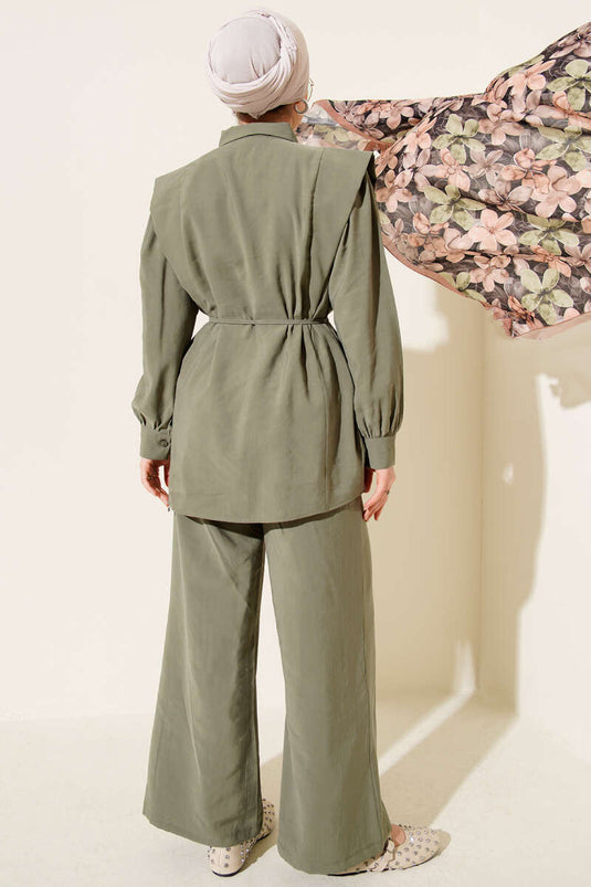 Shoulder-Paneled String Belted Tencel Two-Piece Set in Khaki