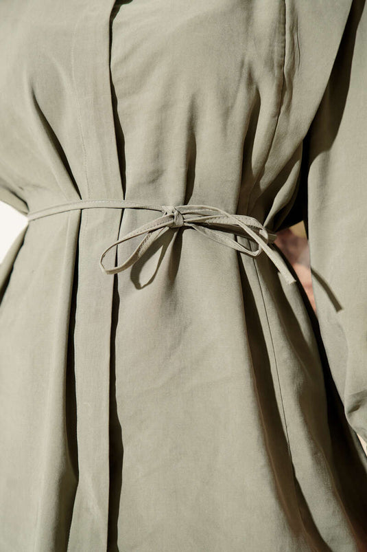 Shoulder-Paneled String Belted Tencel Two-Piece Set in Khaki
