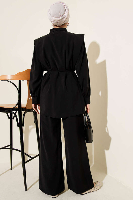 Ensemble double en Tencel noir avec épaule découpée et ceinture en corde