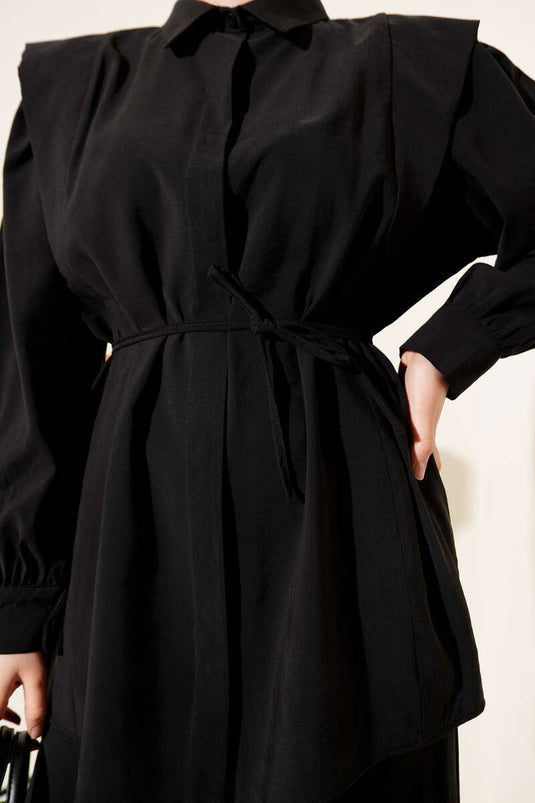 Ensemble double en Tencel noir avec épaule découpée et ceinture en corde