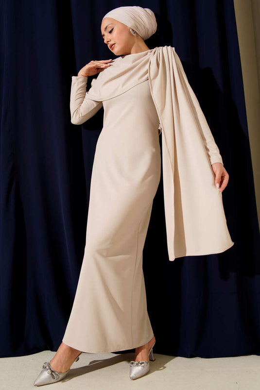 Omuz Pelerin Detaylı Abiye Elbise Bej