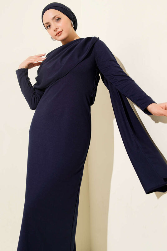 Omuz Pelerijn Met Details Feestelijke Jurk Donkerblauw