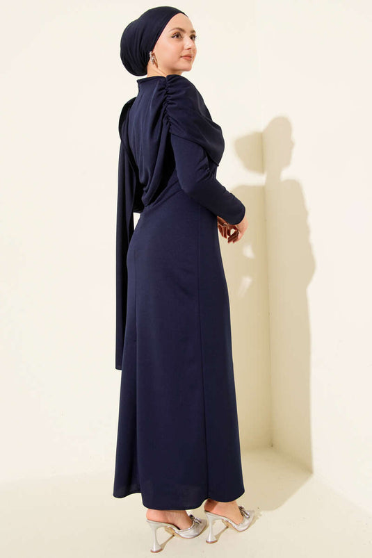 Omuz Pelerijn Met Details Feestelijke Jurk Donkerblauw