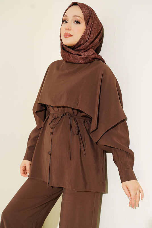 Omuz Pelerin Detaylı İp Kuşaklı Modal Takım Kahve