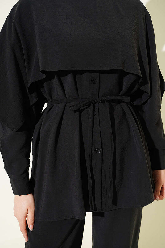 Shoulder Cape Detail with Rope Belt Modal Set Black
