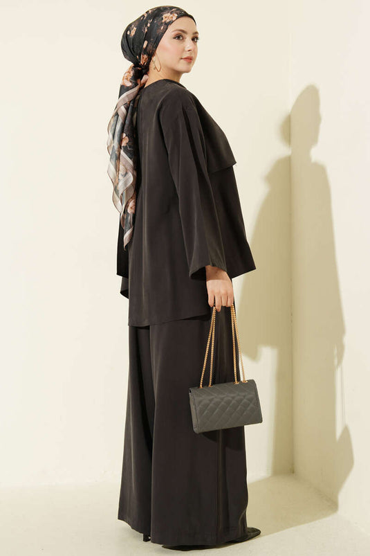 طقم مزدوج من المودال بتفاصيل كاب الكتف باللون الأسود