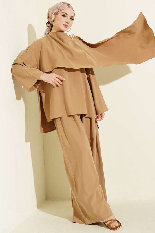 Omuz Cape Detail Modal Tweedelig Setje Oliegroen
