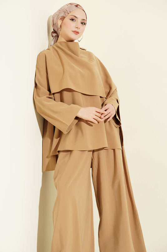 طقم مزدوج من المودال بتفاصيل كاب الكتف باللون الأخضر الزيتوني