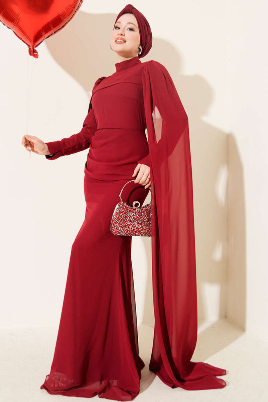 Shoulder Cape Fish Pattern Evening Dress Burgundy
