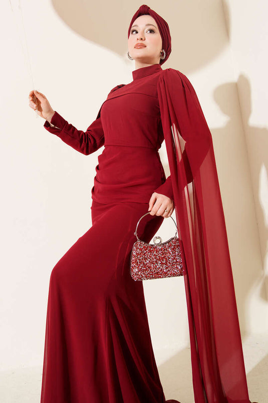 Shoulder Cape Fish Pattern Evening Dress Burgundy