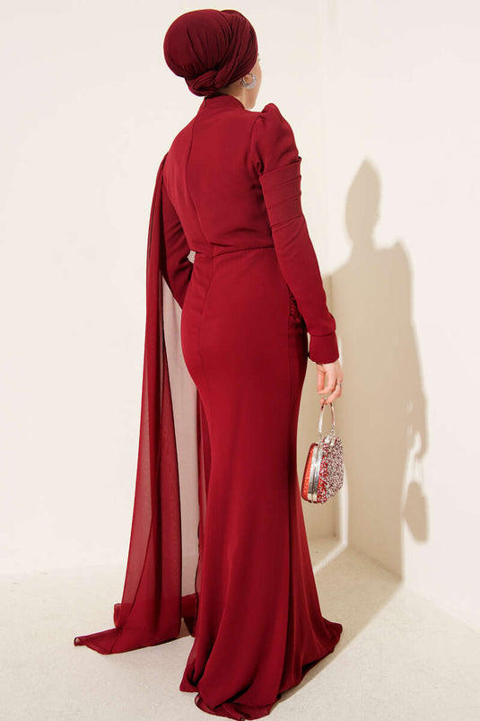 Shoulder Cape Fish Pattern Evening Dress Burgundy