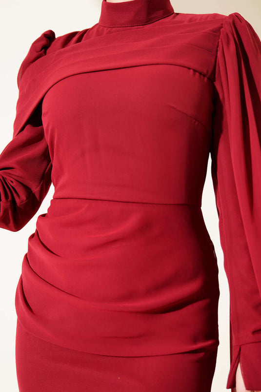 Shoulder Cape Fish Pattern Evening Dress Burgundy