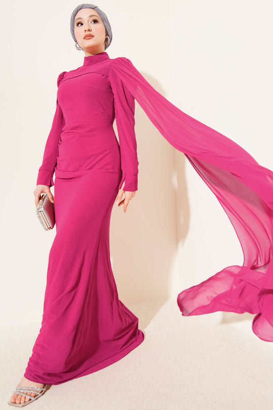 Omuz Pelerinli Balık Model Abiye Elbise Fuşya