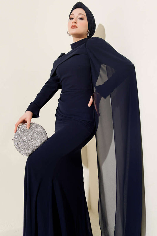 Abendkleid mit Schulterumhang, Fischschwanzmodell, Marineblau