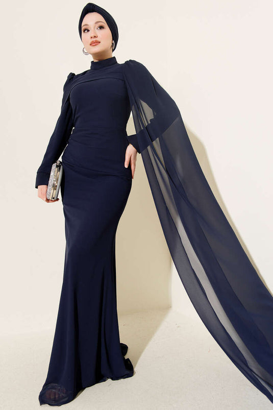 Abendkleid mit Schulterumhang, Fischschwanzmodell, Marineblau