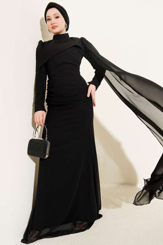 Shoulder Cape Fishcut Evening Dress Black