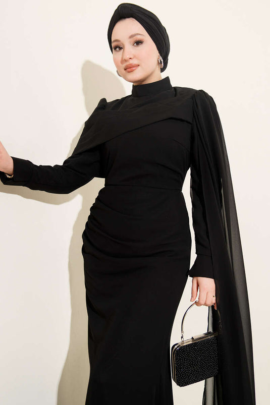 Shoulder Cape Fishcut Evening Dress Black