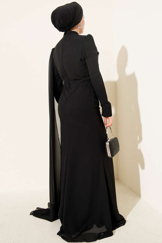 Shoulder Cape Fishcut Evening Dress Black