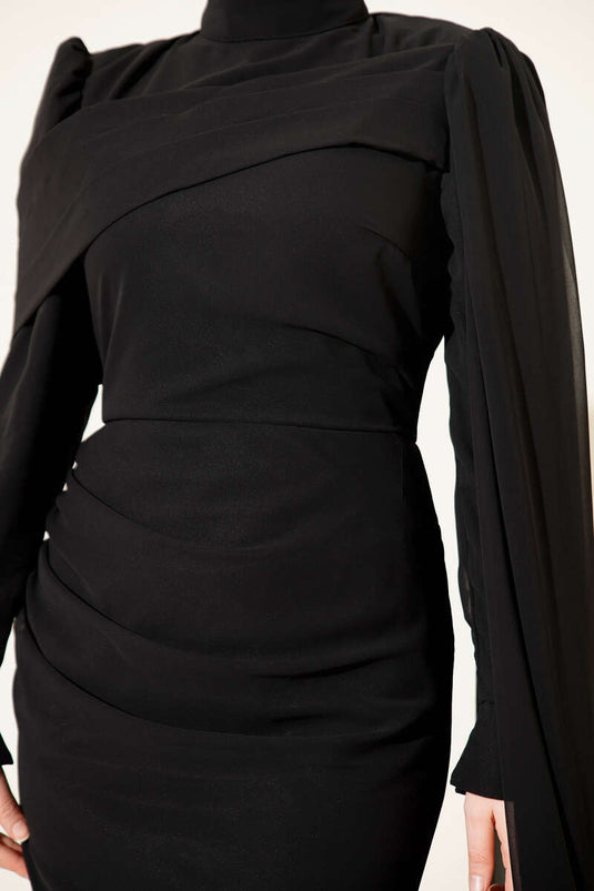 Shoulder Cape Fishcut Evening Dress Black