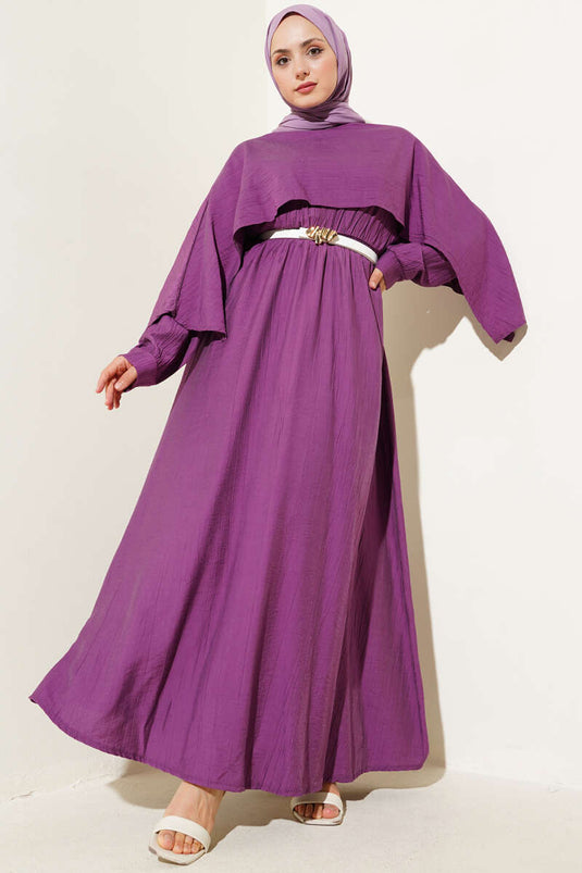 Shoulder Cape Elastic Waist Dress Magenta