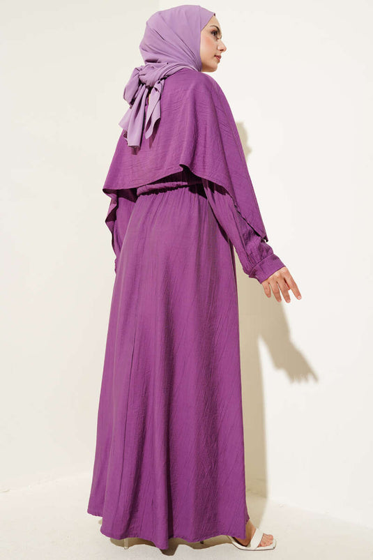 Shoulder Cape Elastic Waist Dress Magenta