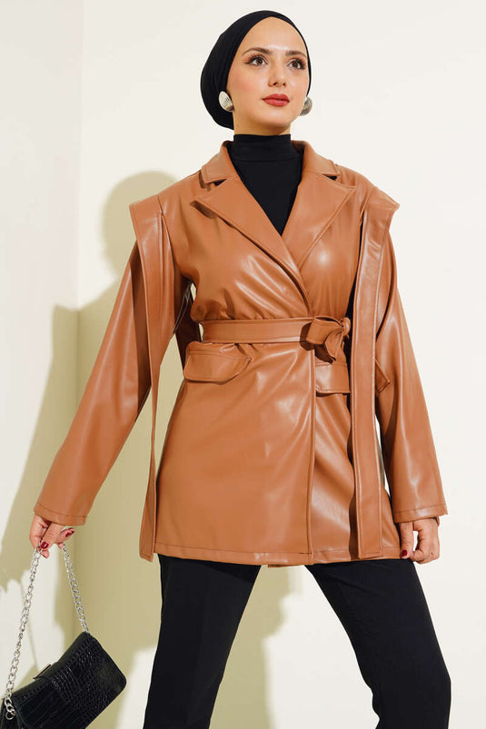 سترة جلدية كيب الكتف تان