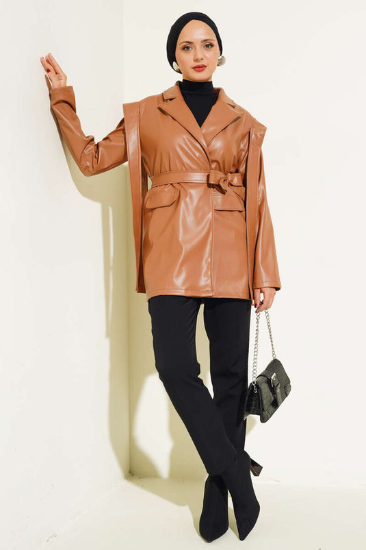 سترة جلدية كيب الكتف تان