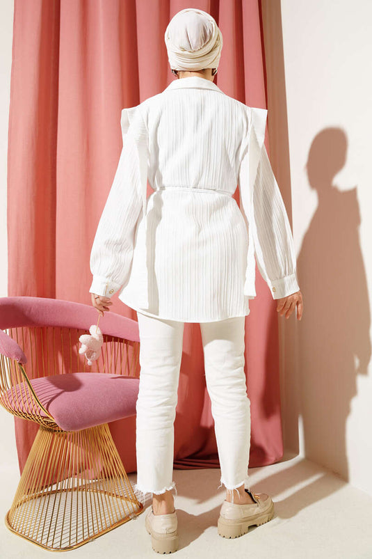 Shoulder Cloak Tie Belt Shirt White