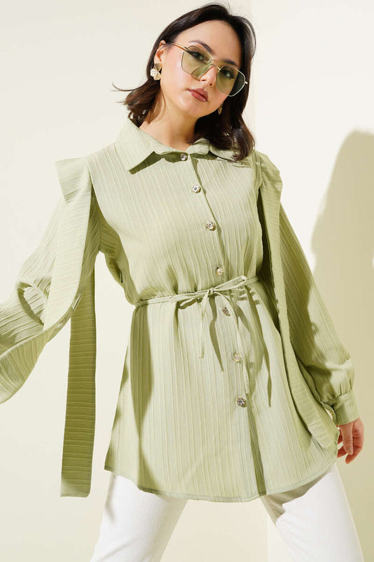 Shoulder Cape Rope Belted Shirt Almond Green