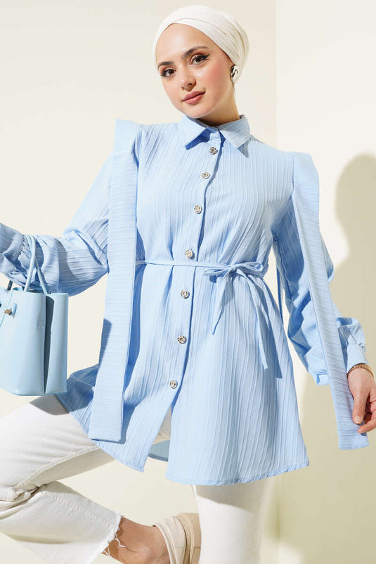 Shoulder Cape Rope Belted Shirt Blue