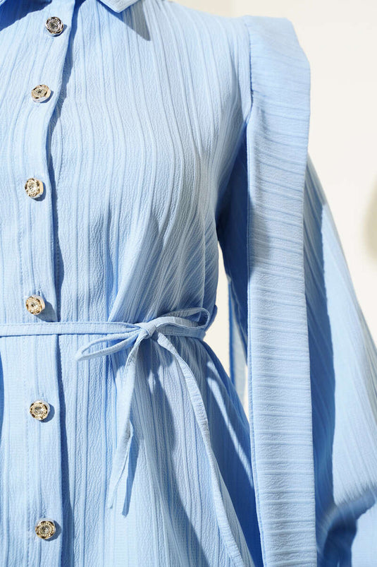 Shoulder Cape Rope Belted Shirt Blue