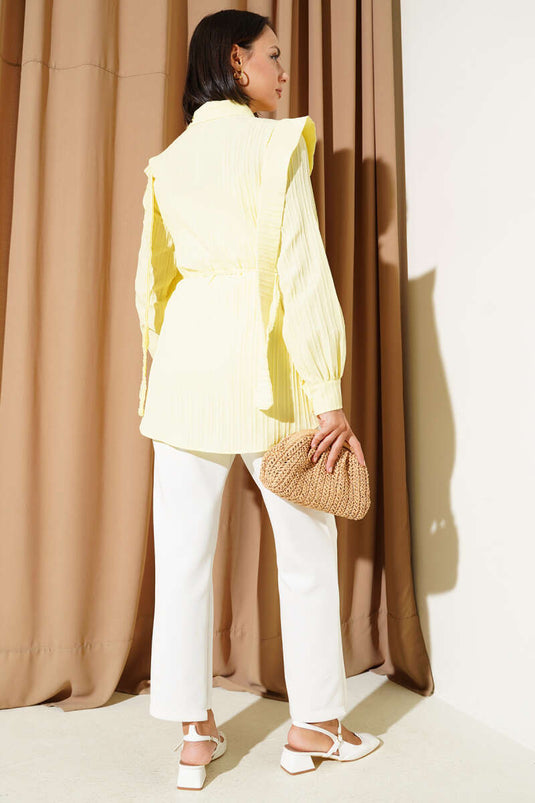 Omuz Pelerinli İp Kuşaklı Gömlek Sarı