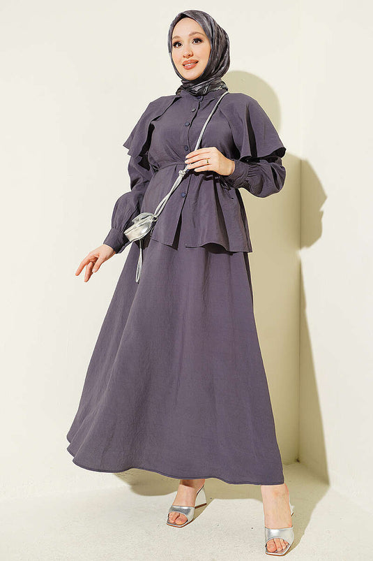 Grijs Shoulder Cape Set Met Strikriem