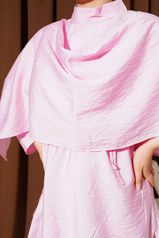 Omuz Pelerinli İp Kuşaklı Tunik Pembe