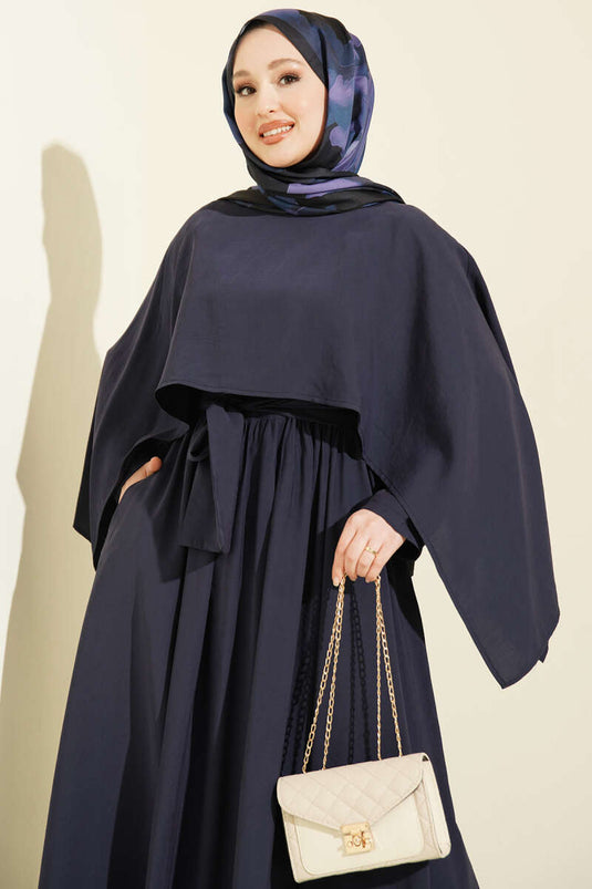 Omuz Pelerinli Kuşaklı Modal Elbise Lacivert