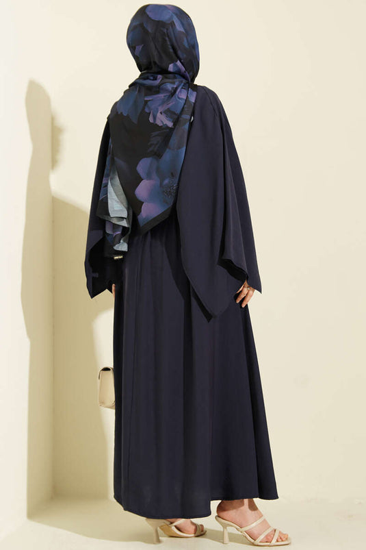 Omuz Pelerinli Kuşaklı Modal Elbise Lacivert