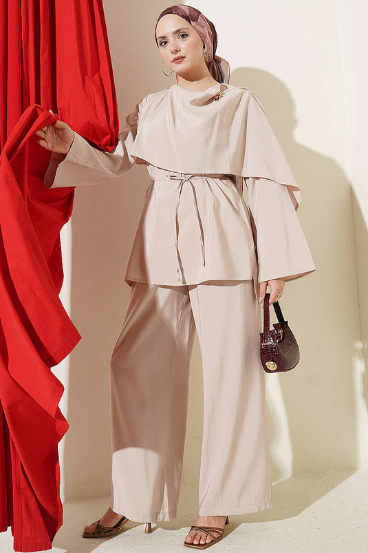 Ensemble double en modal avec cape d'épaule, couleur pierre