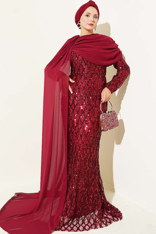 Vestido De Fiesta Burdeos Con Capa En El Hombro Y Lentejuelas