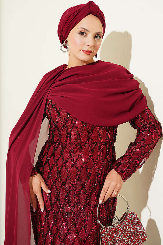 Vestido De Fiesta Burdeos Con Capa En El Hombro Y Lentejuelas