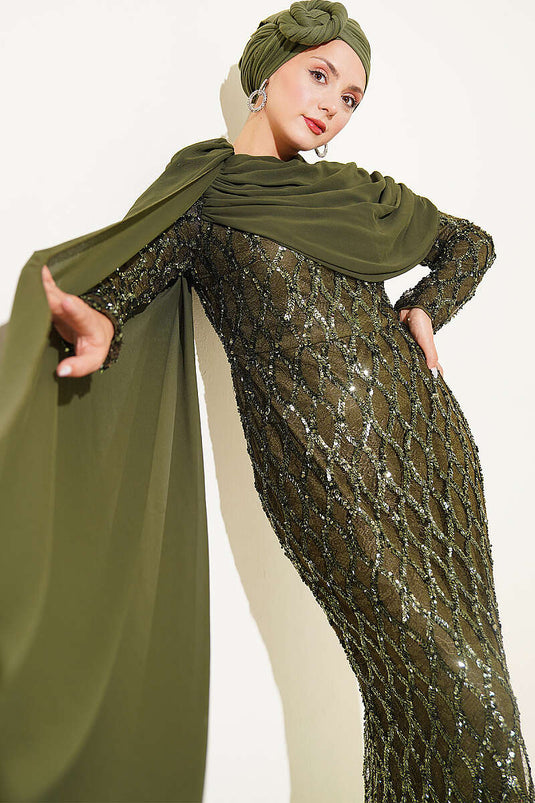 Vestido De Fiesta Con Capa En El Hombro Y Lentejuelas En Color Caqui