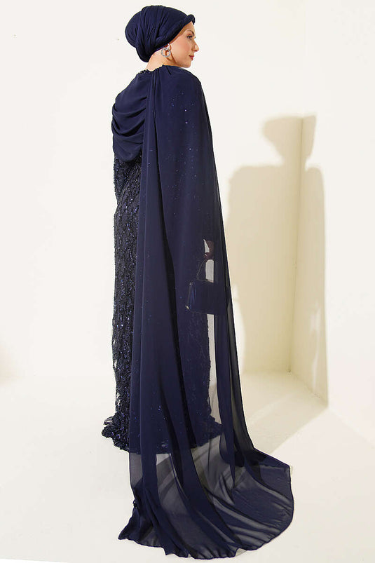Vestido De Fiesta Con Capa En Los Hombros Y Lentejuelas Azul Marino