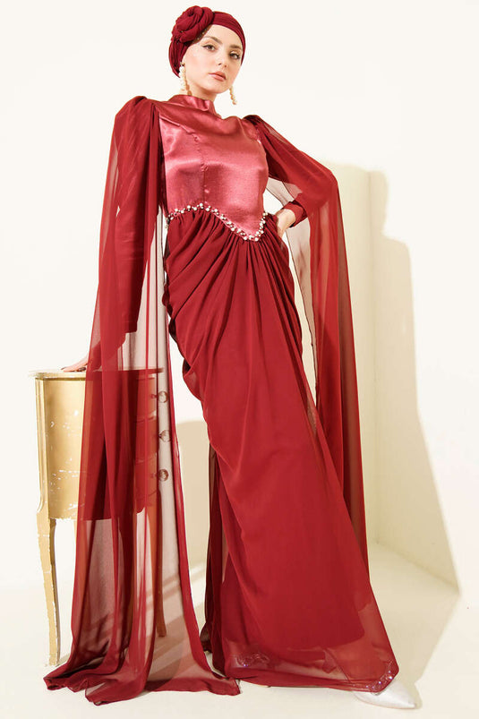 Omuz Pelerinli Taş Detaylı Abiye Elbise Bordo