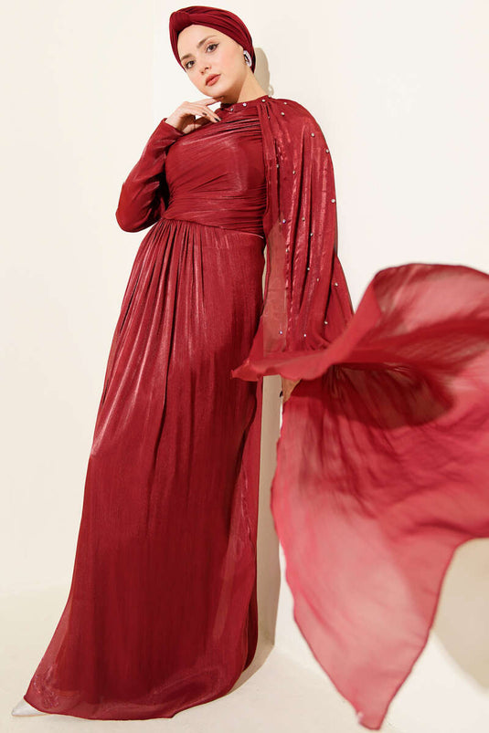 Burgundy Embellished Evening Dress with Off-Shoulder Cape