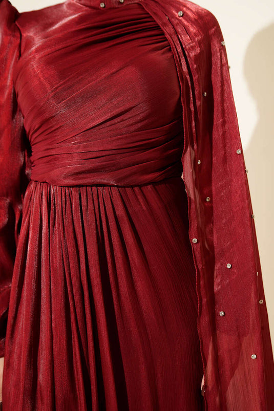 Burgundy Embellished Evening Dress with Off-Shoulder Cape