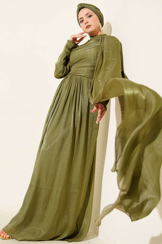 Khaki Evening Dress with Stoned Shoulder Cape