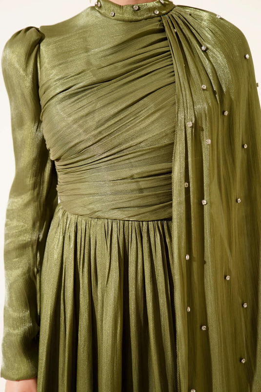 Khaki Evening Dress with Stoned Shoulder Cape